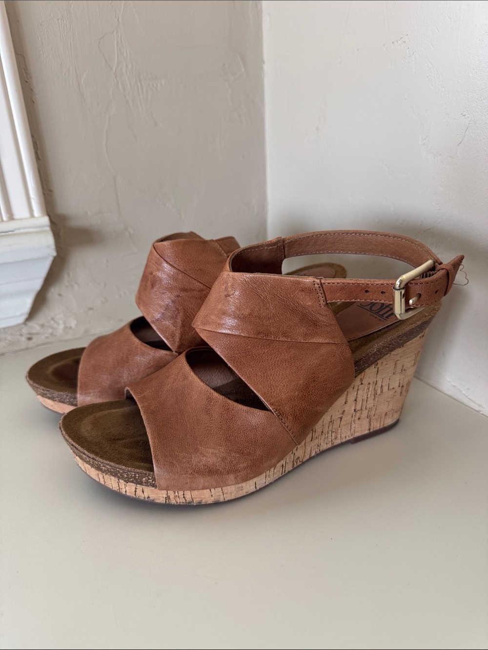 Sofft Tan Brown Leather Cork Wedge Sandals